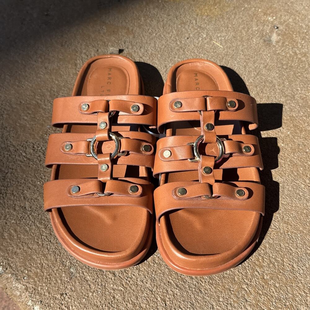 Marc Fisher Strappy Cognac Strappy Sandal Gold Studded Boho Resort Costal Wear